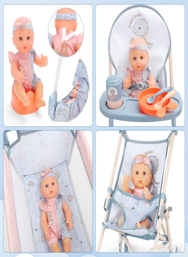deAO Baby Doll Stroller Set 12" Baby Doll with Accessories Crib Bed High Chair, Nursery Role Play Set Toys Storage Bag,Foldable Storller, Pretend Play Birthday Gifts for Toddler Girls Boys - Image 4